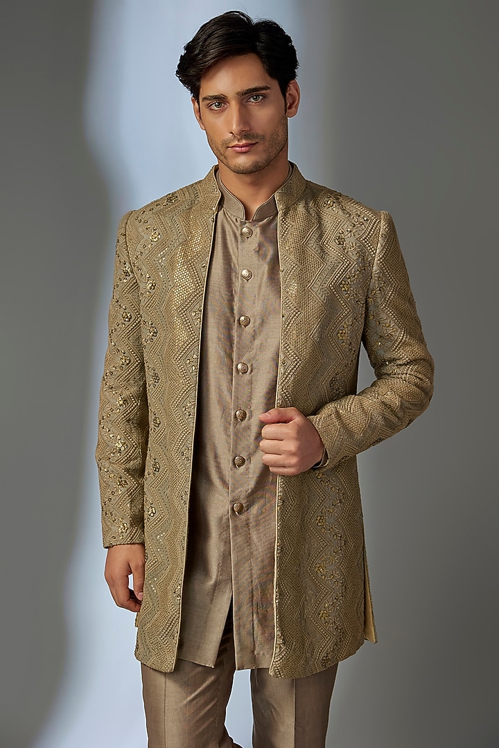 Beige Georgette Sequin Embellished Wedding Indowestern Set by SALIL BHATIA at Pernia's Pop Up Shop