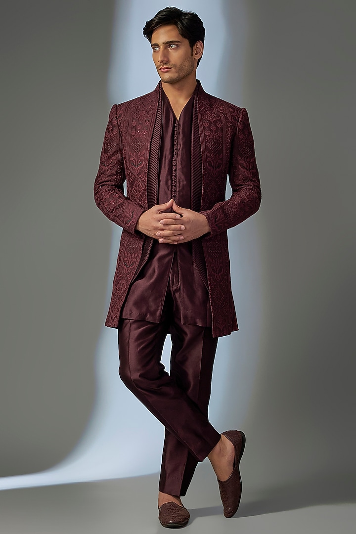 Wine Silk Chanderi Sequin Embellished Wedding Indowestern Set by SALIL BHATIA at Pernia's Pop Up Shop
