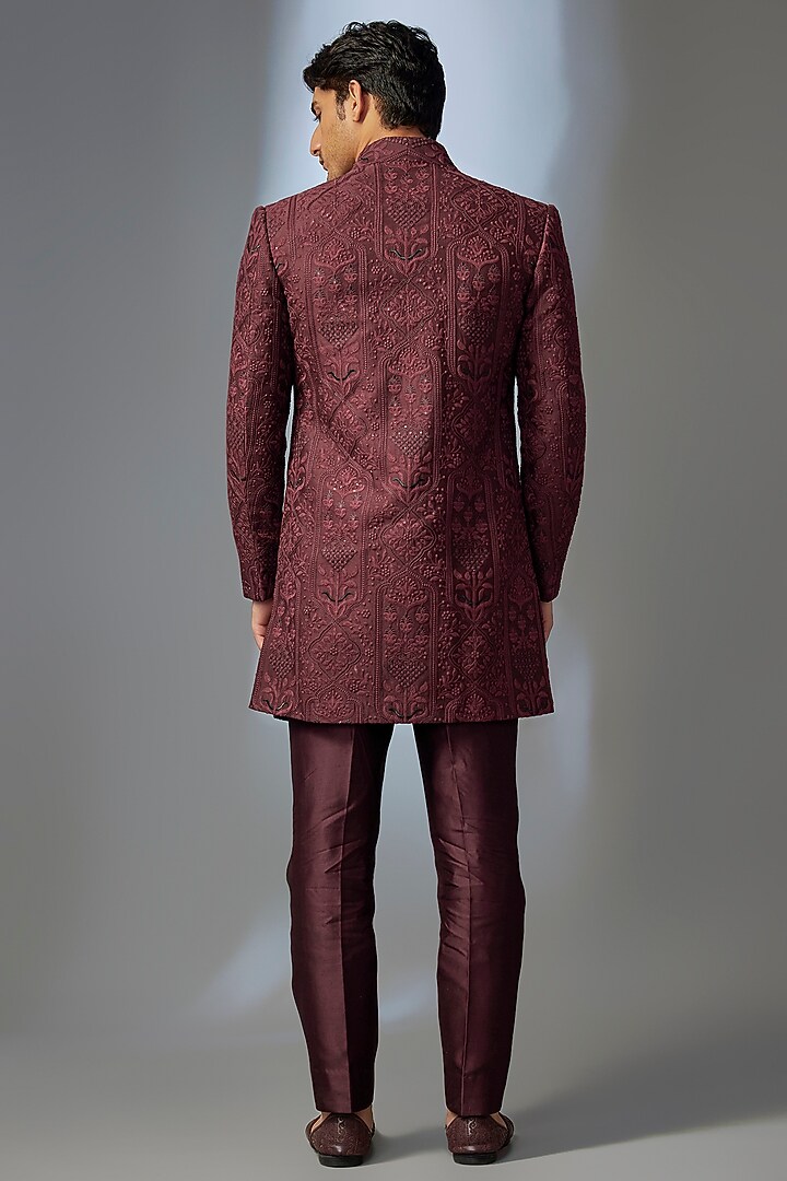 Wine Silk Chanderi Sequin Embellished Wedding Indowestern Set by SALIL BHATIA at Pernia's Pop Up Shop