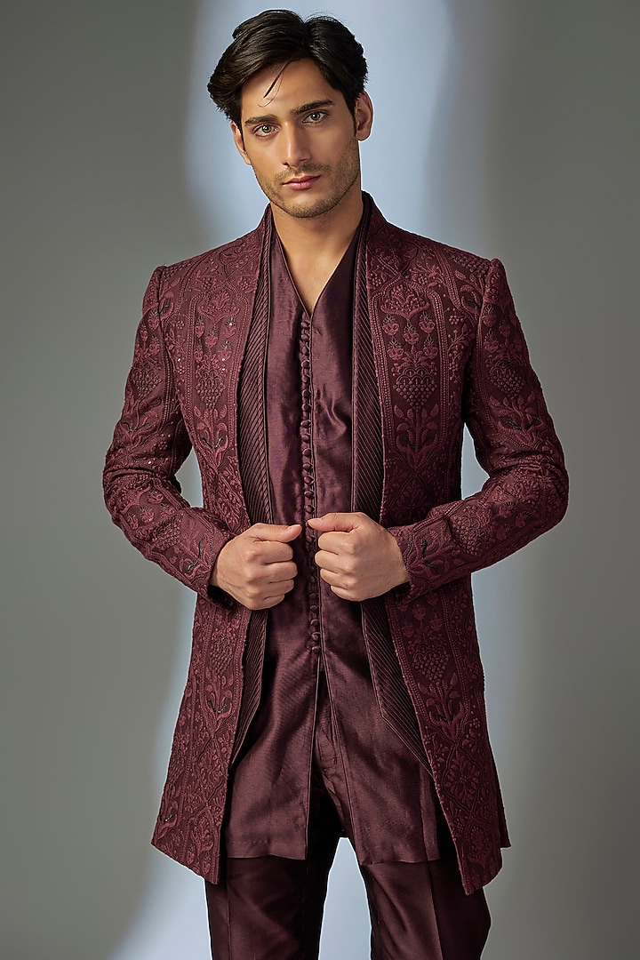 Wine Silk Chanderi Sequin Embellished Wedding Indowestern Set by SALIL BHATIA at Pernia's Pop Up Shop