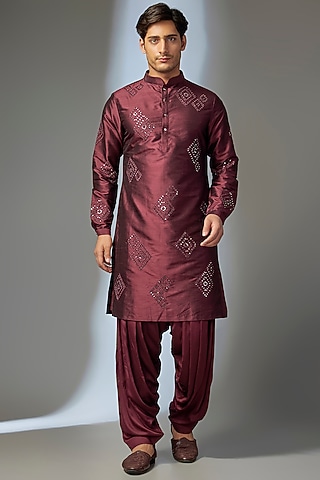 Wine Silk Mirror Embroidered Kurta Set by SALIL BHATIA