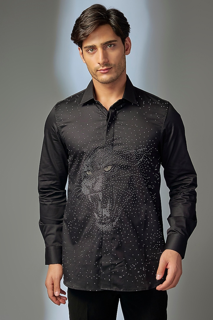Black Giza Cotton Jaguar Embellished Party Wear Shirt by SALIL BHATIA at Pernia's Pop Up Shop