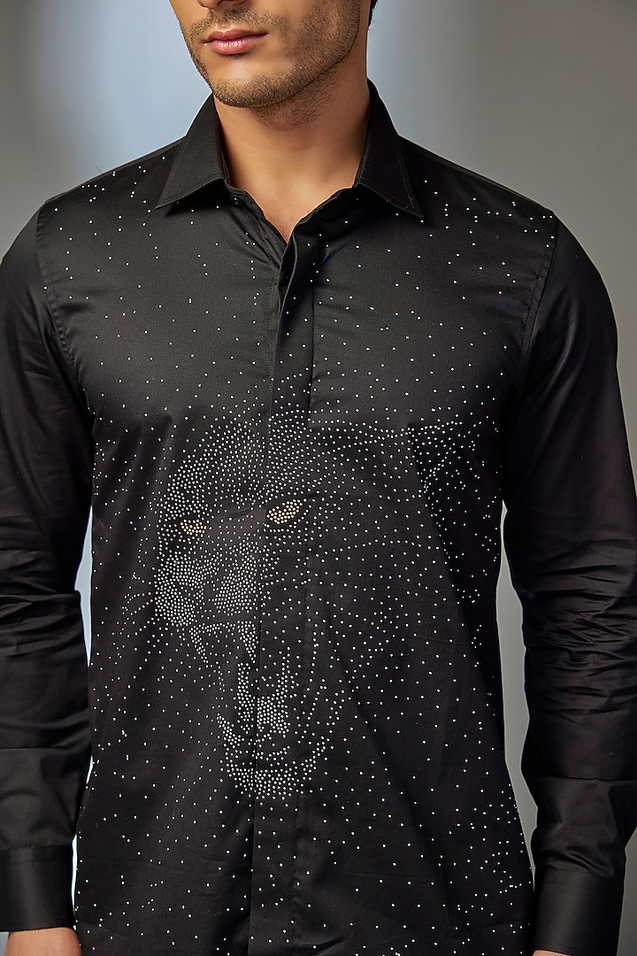 Black Giza Cotton Jaguar Embellished Party Wear Shirt by SALIL BHATIA at Pernia's Pop Up Shop