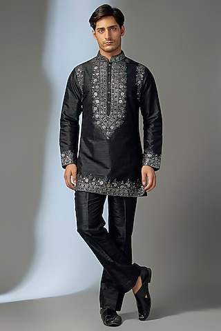 Black Raw Silk Zari Embroidered Kurta Set by SALIL BHATIA
