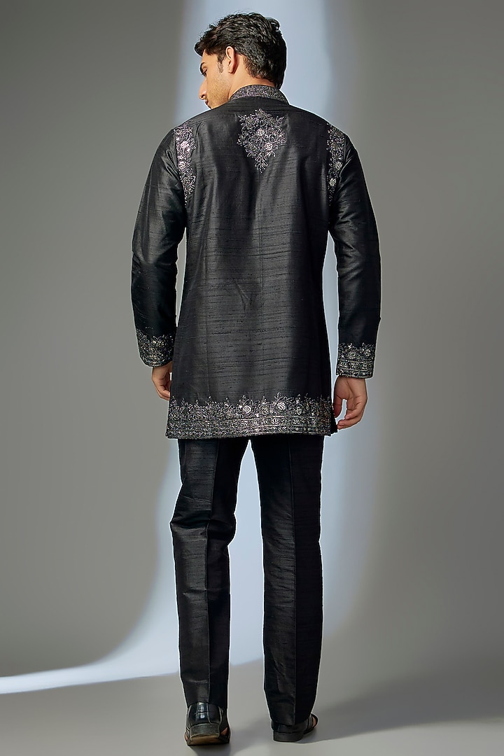 Black Raw Silk Zari Embroidered Kurta Set by SALIL BHATIA at Pernia's Pop Up Shop