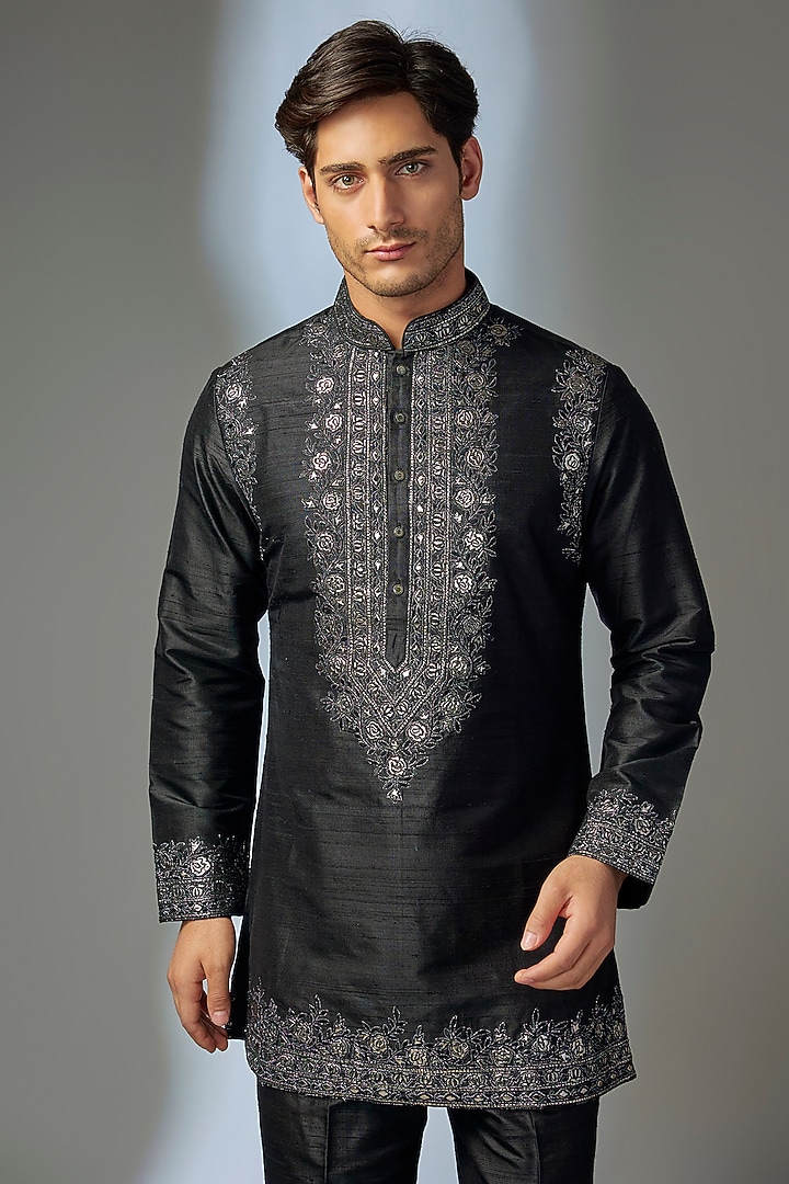 Black Raw Silk Zari Embroidered Kurta Set by SALIL BHATIA at Pernia's Pop Up Shop