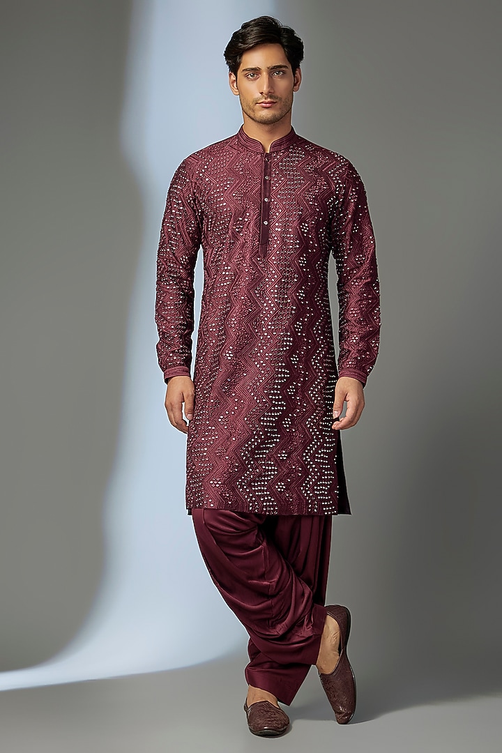 Wine Pure Silk Mirror Work Kurta Set by SALIL BHATIA at Pernia's Pop Up Shop