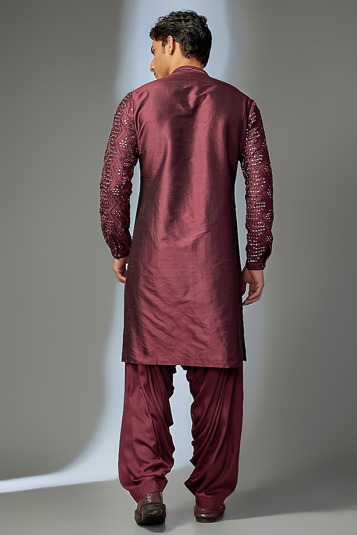 Wine Pure Silk Mirror Work Kurta Set by SALIL BHATIA at Pernia's Pop Up Shop