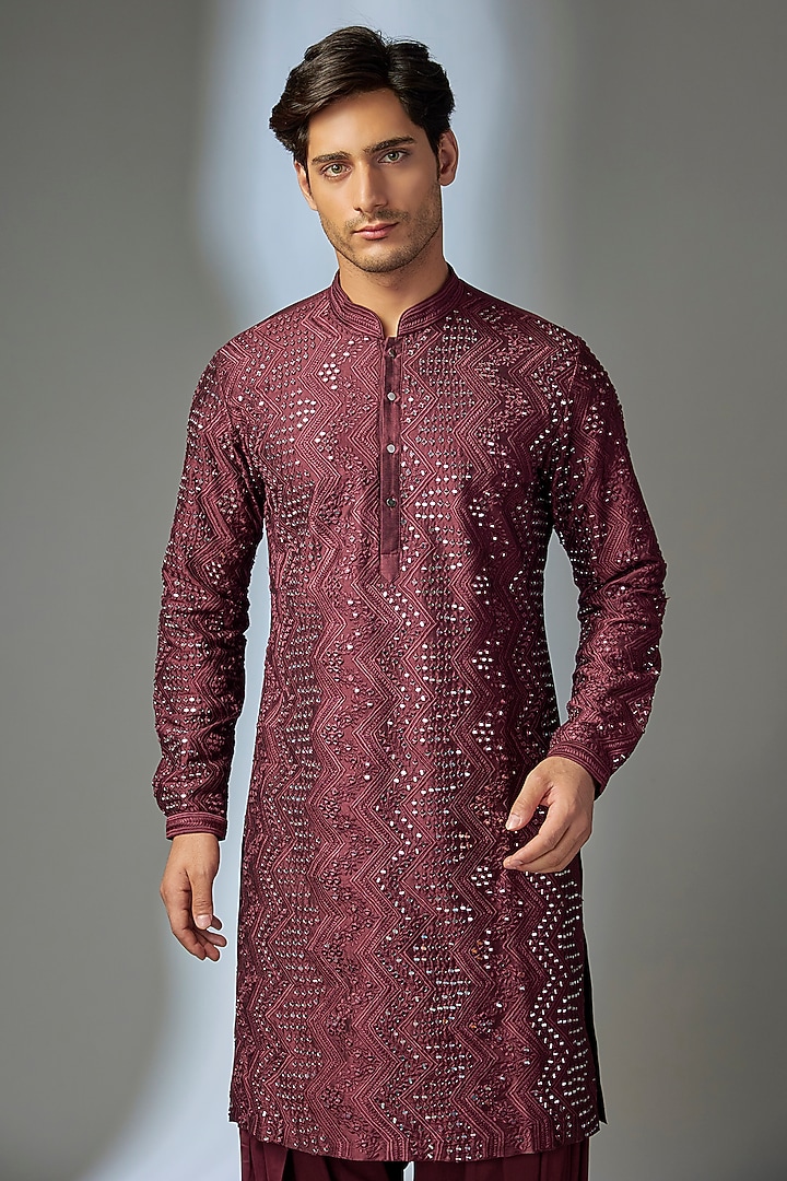 Wine Pure Silk Mirror Work Kurta Set by SALIL BHATIA at Pernia's Pop Up Shop