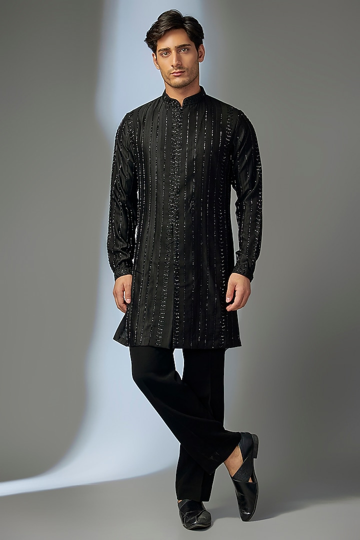 Black Japanese Fabric Cutdana Embroidered Kurta Set by SALIL BHATIA at Pernia's Pop Up Shop
