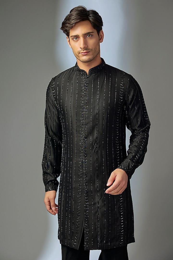 Black Japanese Fabric Cutdana Embroidered Kurta Set by SALIL BHATIA at Pernia's Pop Up Shop
