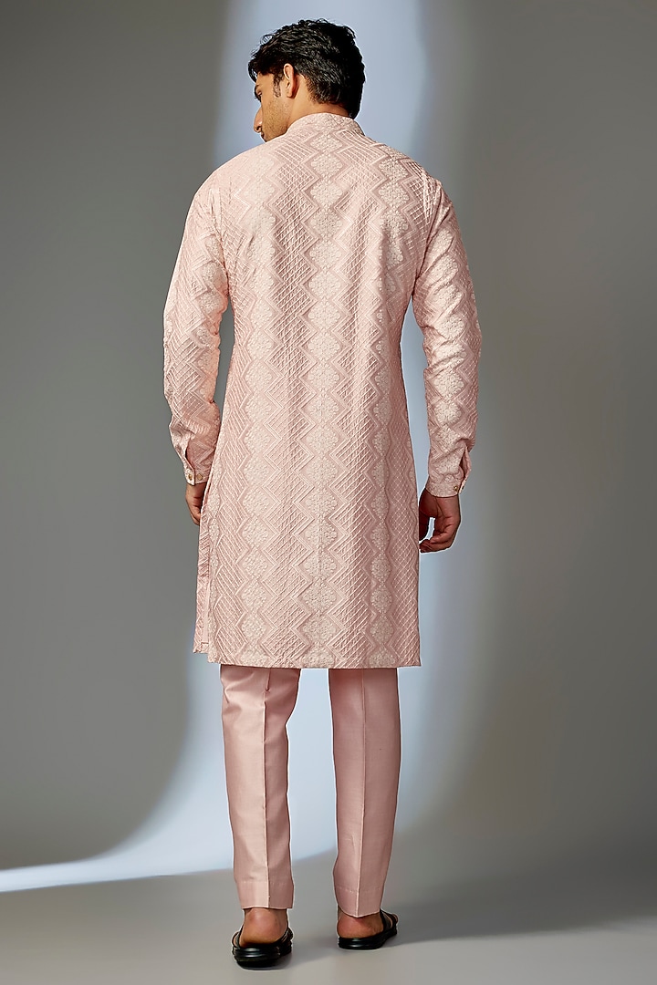 Peach Blush Dola Silk Thread Embellished Kurta Set by SALIL BHATIA at Pernia's Pop Up Shop