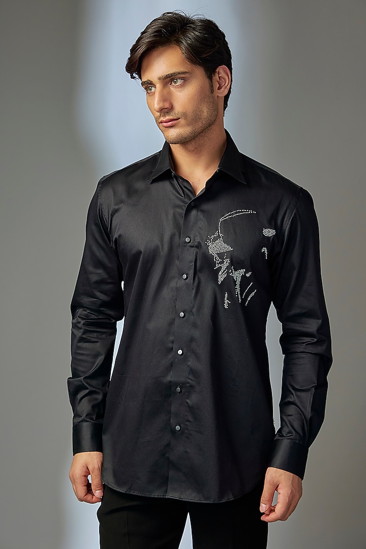 Black Giza Cotton Embellished Party Wear Shirt by SALIL BHATIA at Pernia's Pop Up Shop