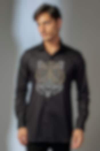 Black Giza Cotton Bengal Tiger Hand Embellished Party Wear Shirt by SALIL BHATIA at Pernia's Pop Up Shop