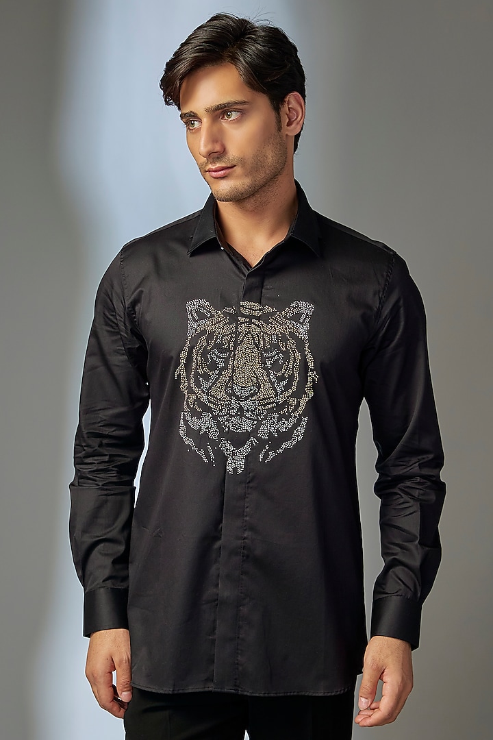 Black Giza Cotton Bengal Tiger Hand Embellished Party Wear Shirt by SALIL BHATIA at Pernia's Pop Up Shop