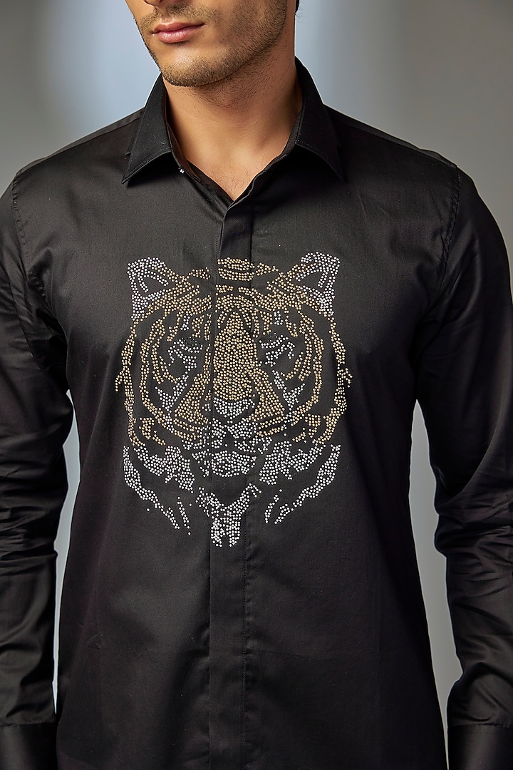 Black Giza Cotton Bengal Tiger Hand Embellished Party Wear Shirt by SALIL BHATIA at Pernia's Pop Up Shop
