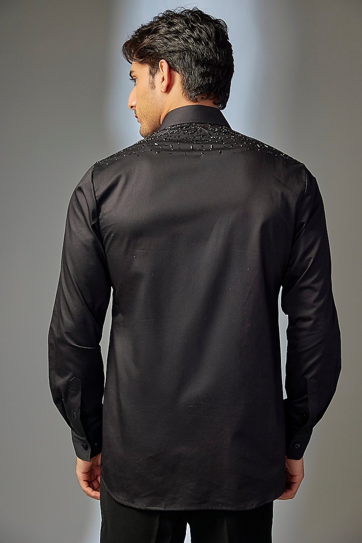 Black Giza Cotton Hand Embroidered Wedding Shirt by SALIL BHATIA at Pernia's Pop Up Shop