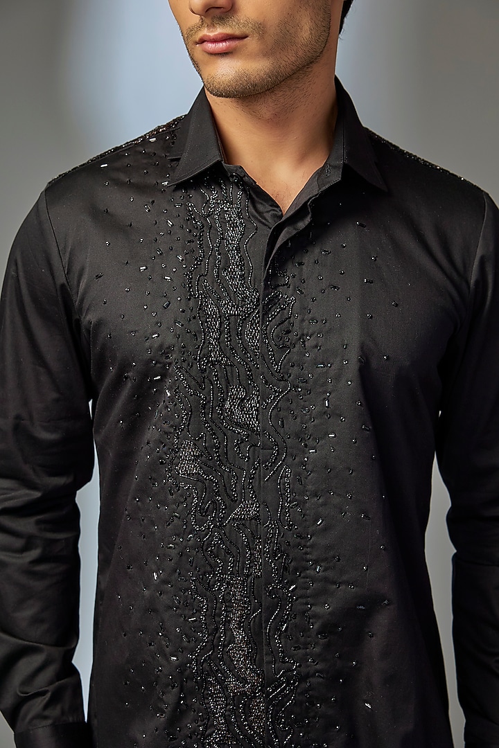 Black Giza Cotton Hand Embroidered Wedding Shirt by SALIL BHATIA at Pernia's Pop Up Shop