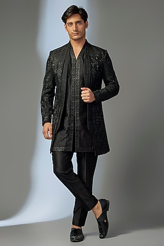 Black Silk Chanderi Zari Embellished Indowestern Set by SALIL BHATIA