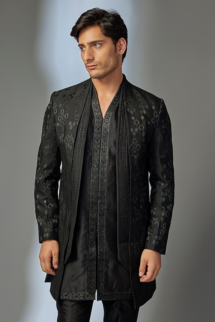 Black Silk Chanderi Zari Embellished Wedding Indowestern Set by SALIL BHATIA at Pernia's Pop Up Shop