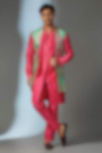 Green-Pink Chinon Mirror Embellished Wedding Indowestern Set by SALIL BHATIA at Pernia's Pop Up Shop