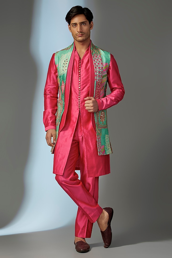 Green-Pink Chinon Mirror Embellished Wedding Indowestern Set by SALIL BHATIA at Pernia's Pop Up Shop
