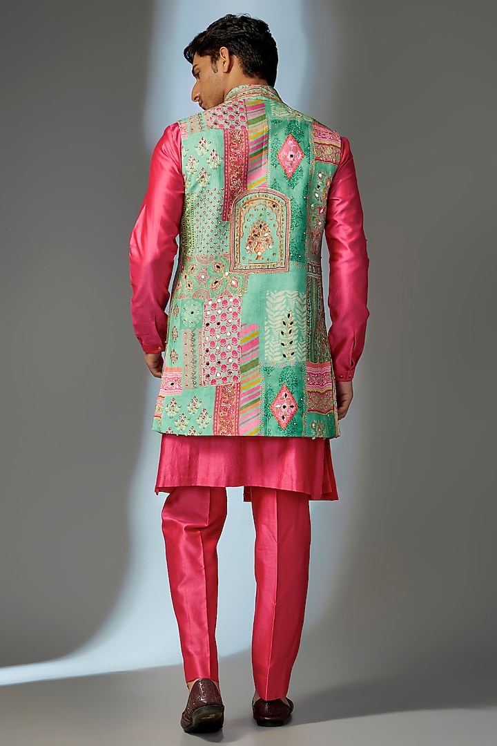 Green-Pink Chinon Mirror Embellished Wedding Indowestern Set by SALIL BHATIA at Pernia's Pop Up Shop