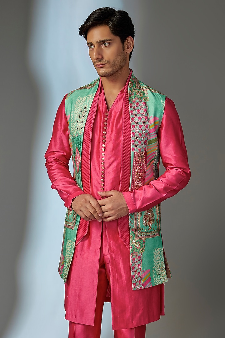Green-Pink Chinon Mirror Embellished Wedding Indowestern Set by SALIL BHATIA at Pernia's Pop Up Shop