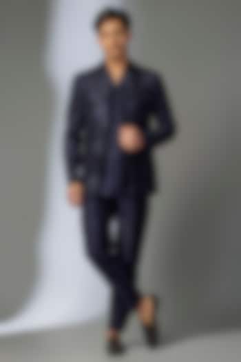 Navy Blue Silk Chanderi Thread Embellished Wedding Indowestern Set by SALIL BHATIA at Pernia's Pop Up Shop