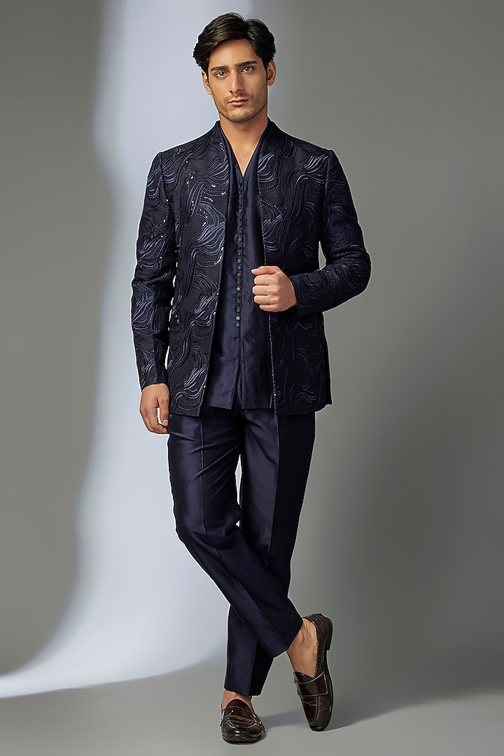 Navy Blue Silk Chanderi Thread Embellished Wedding Indowestern Set by SALIL BHATIA at Pernia's Pop Up Shop