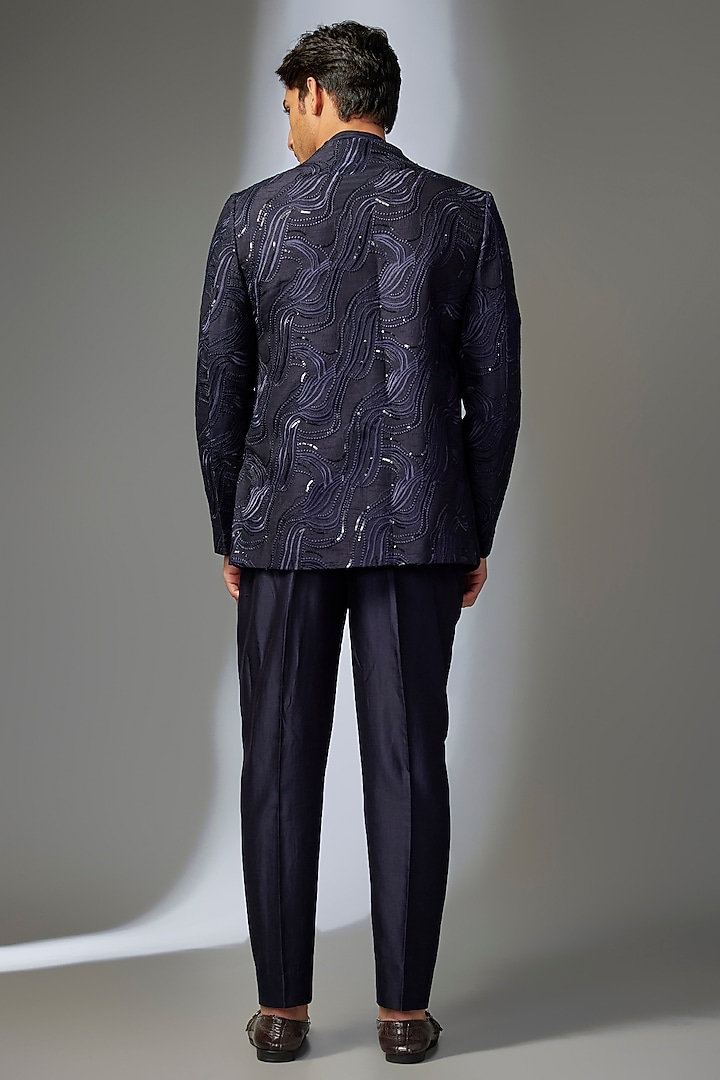 Navy Blue Silk Chanderi Thread Embellished Wedding Indowestern Set by SALIL BHATIA at Pernia's Pop Up Shop