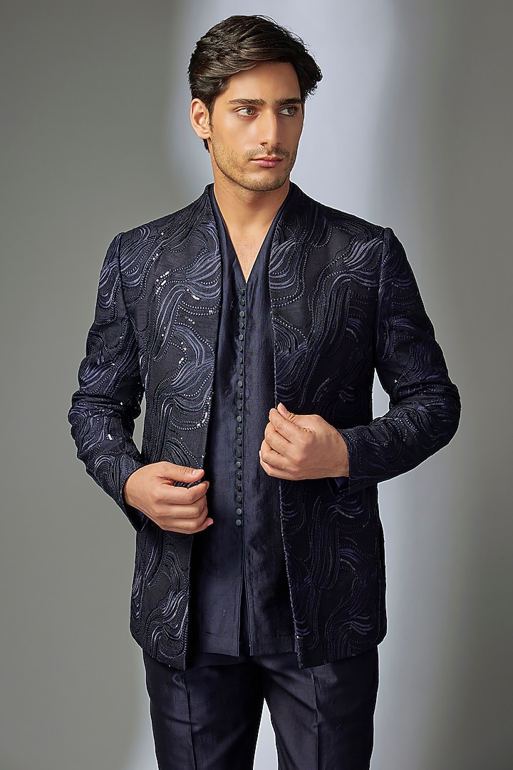 Navy Blue Silk Chanderi Thread Embellished Wedding Indowestern Set by SALIL BHATIA at Pernia's Pop Up Shop
