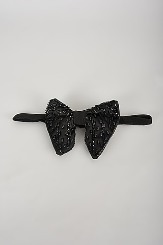 Black Satin Hand Embellished Bowtie by SALIL BHATIA