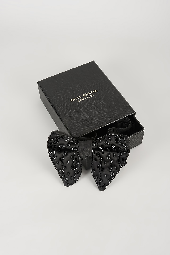 Black Satin Hand Embellished Bowtie by SALIL BHATIA at Pernia's Pop Up Shop