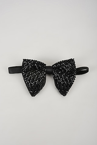 Black Satin Hand Embellished Bowtie by SALIL BHATIA