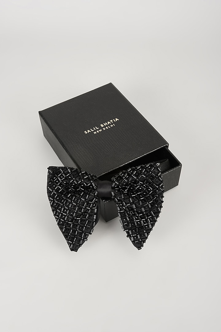 Black Satin Hand Embellished Bowtie by SALIL BHATIA at Pernia's Pop Up Shop
