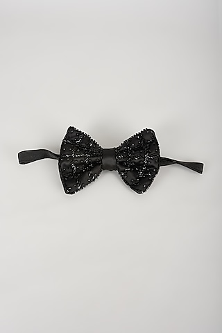 Black Satin Hand Embellished Bowtie by SALIL BHATIA