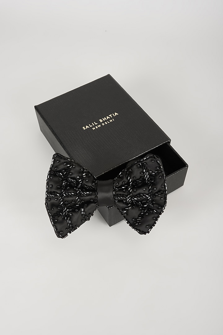 Black Satin Hand Embellished Bowtie by SALIL BHATIA at Pernia's Pop Up Shop