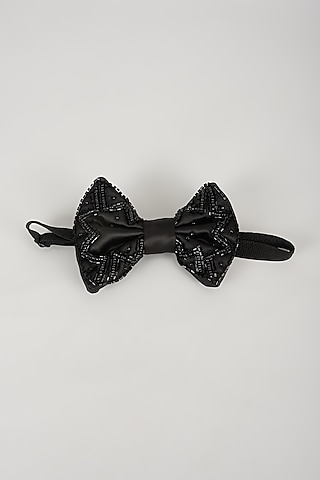 Black Satin Hand Embellished Bowtie by SALIL BHATIA