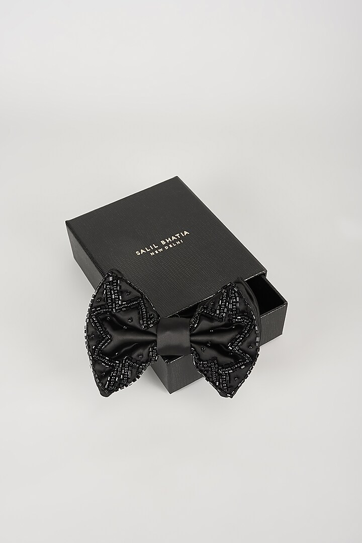 Black Satin Hand Embellished Bowtie by SALIL BHATIA at Pernia's Pop Up Shop