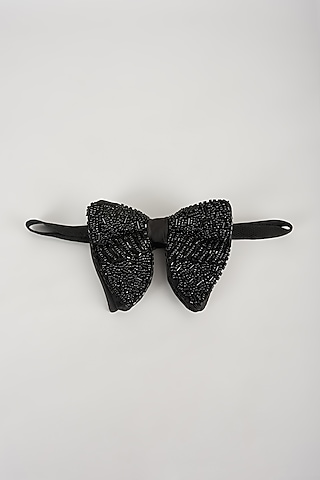 Black Satin Hand Embellished Bowtie by SALIL BHATIA