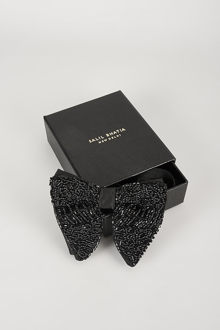 Black Satin Hand Embellished Bowtie by SALIL BHATIA at Pernia's Pop Up Shop