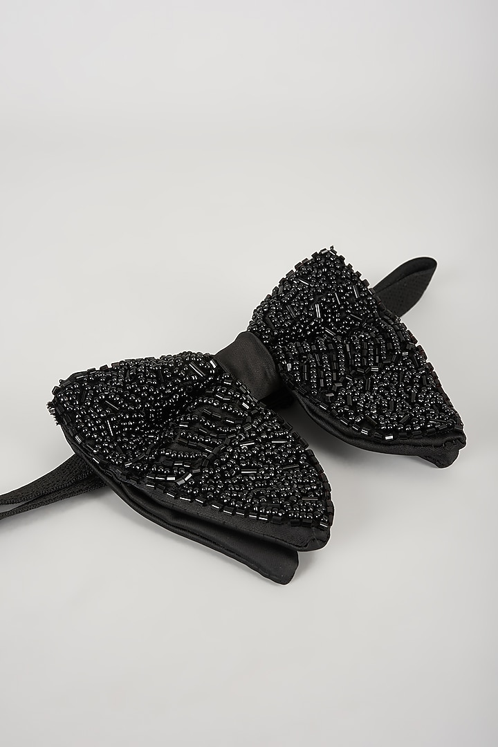 Black Satin Hand Embellished Bowtie by SALIL BHATIA at Pernia's Pop Up Shop