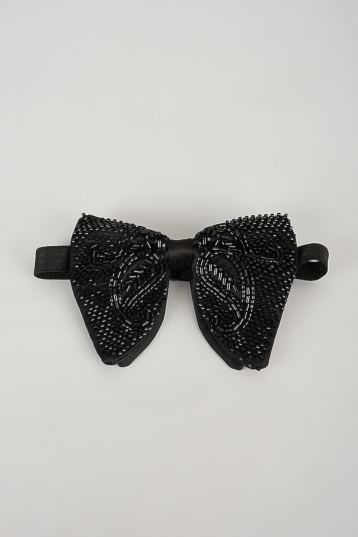 Black Satin Hand Embellished Bowtie by SALIL BHATIA at Pernia's Pop Up Shop
