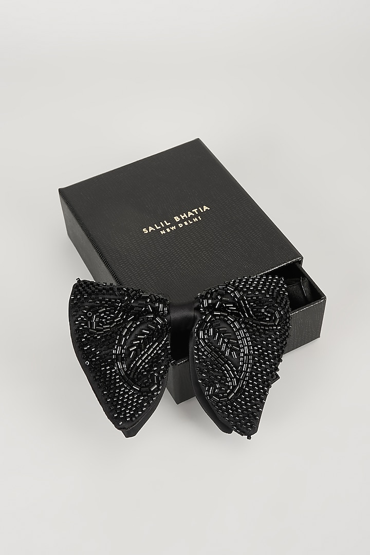 Black Satin Hand Embellished Bowtie by SALIL BHATIA at Pernia's Pop Up Shop