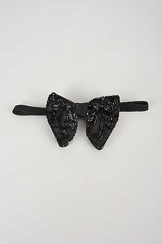 Black Satin Hand Embellished Bowtie by SALIL BHATIA