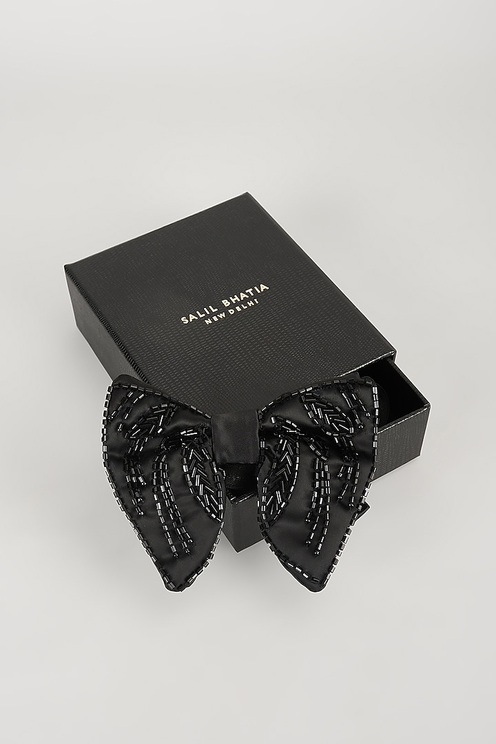 Black Satin Hand Embellished Bowtie by SALIL BHATIA at Pernia's Pop Up Shop