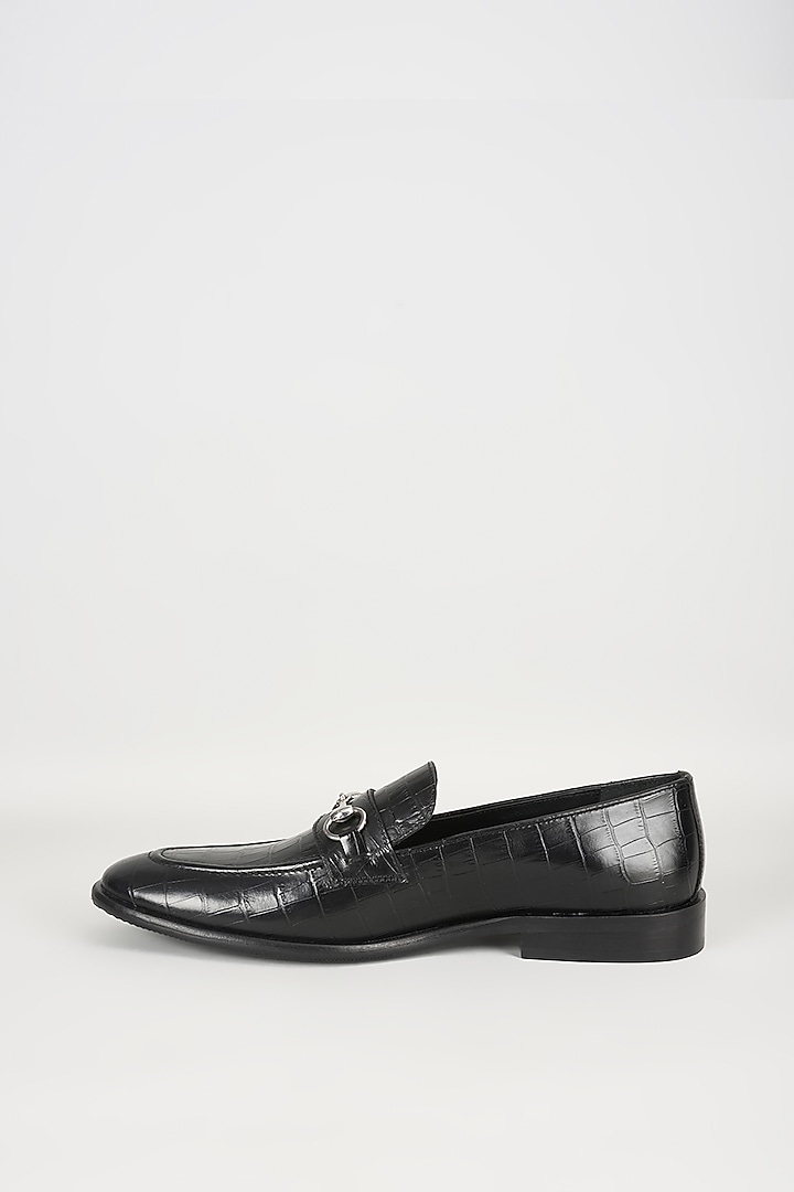 Black Embossed Leather Embellished Loafers by SALIL BHATIA at Pernia's Pop Up Shop