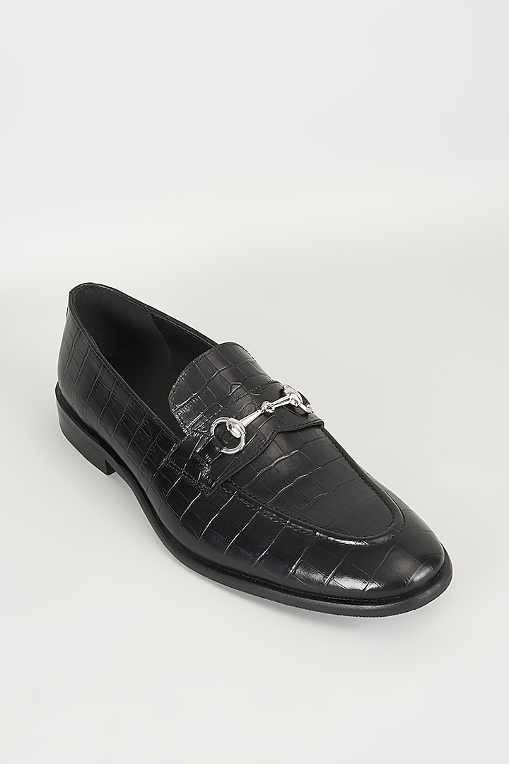 Black Embossed Leather Embellished Loafers by SALIL BHATIA at Pernia's Pop Up Shop
