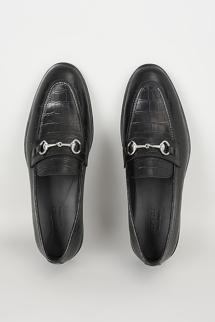 Black Embossed Leather Embellished Loafers by SALIL BHATIA at Pernia's Pop Up Shop